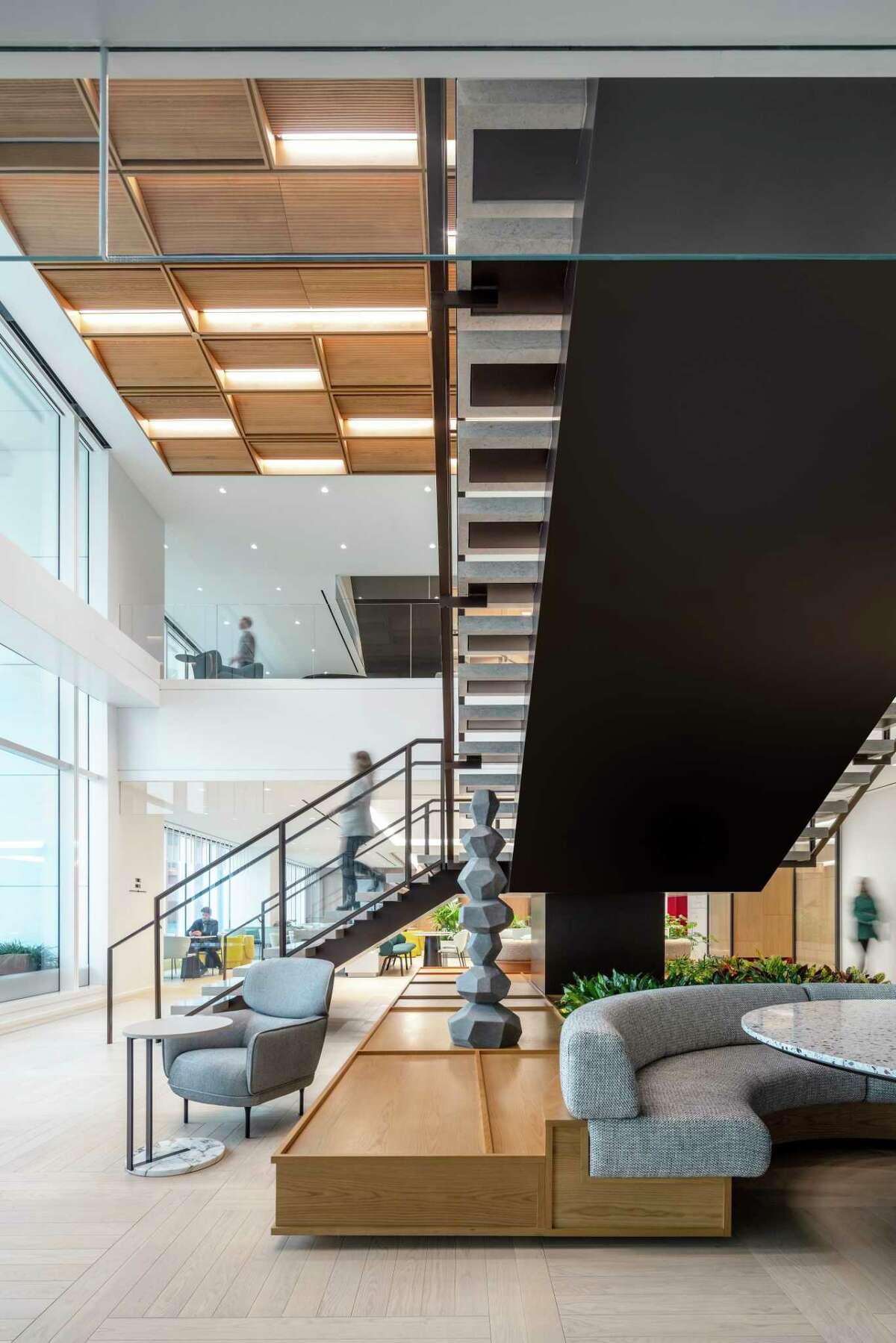 While Hines employees have offices or work cubicles, casual seating on each of the six floors exists for people who want to work away from their usual spot, or confer with co-workers more casually.