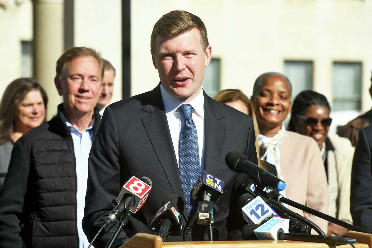 State Comptroller Sean Scanlon speaks during a news conference in front of the State Capitol in Hartford last year.