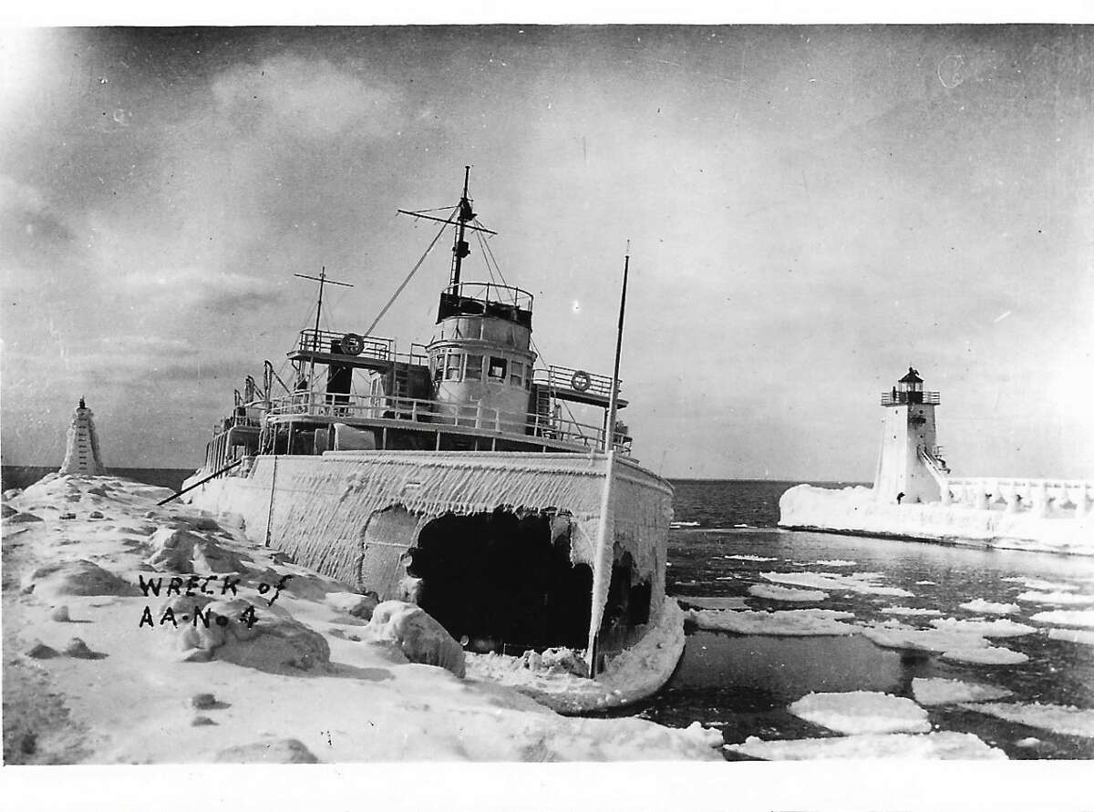 The Ann Arbor No. 4 was damaged after hitting the south pier at Frankfort on Feb. 14, 1923 and partially sank. 
