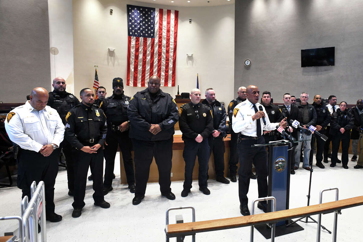 Police Chief Roderick Porter stands with members of the Bridgeport Police Department as he speaks during a vigil at City Hall, in Bridgeport, Conn. Feb. 3, 2023. Porter joined Mayor Joe Ganim and other community leaders Friday for the memorial vigil in honor of Tyre Nichols.