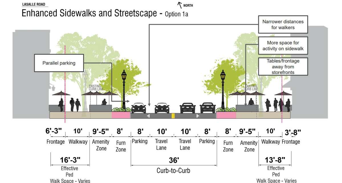 Stantec has proposed that LaSalle Road return to its two-way status, while also making the sidewalks bigger by shifting parking to parallel parking.