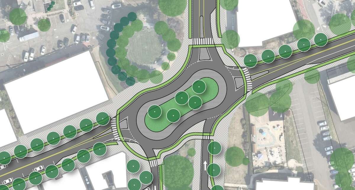 A peanut-shaped roundabout is among the changes Stantec proposed for the Main Street and Farmington Avenue intersection.