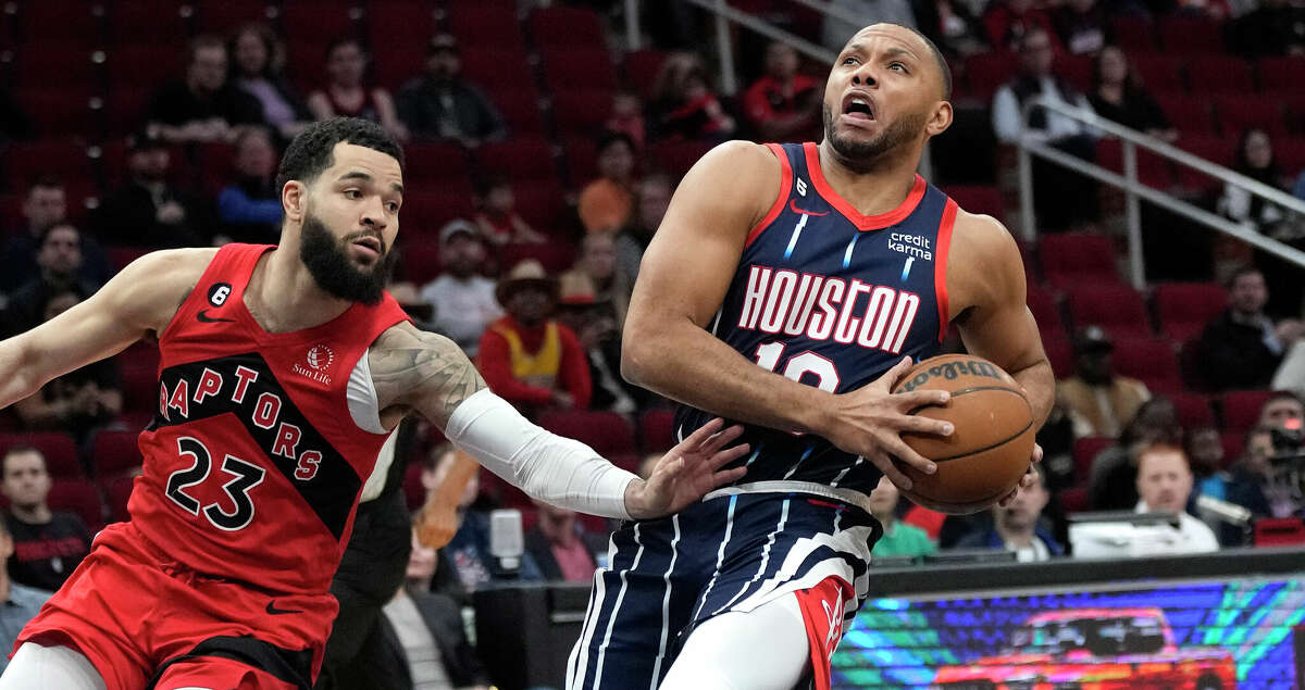 Houston Rockets guard Eric Gordon (10) goes to basket against Toronto Raptors guard Fred VanVleet (23) during the first half of a NBA basketball game at Toyota Center on Friday, Feb. 3, 2023 in Houston.