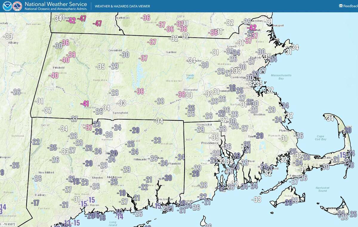 Wind chills recorded in Connecticut and Massachusetts early Saturday.