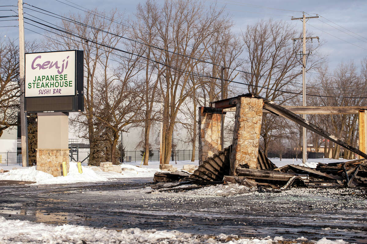 Rubble sits where the former Genji Japanese Steakhouse stood after being burnt down on Feb. 4, 2022 in Midland.