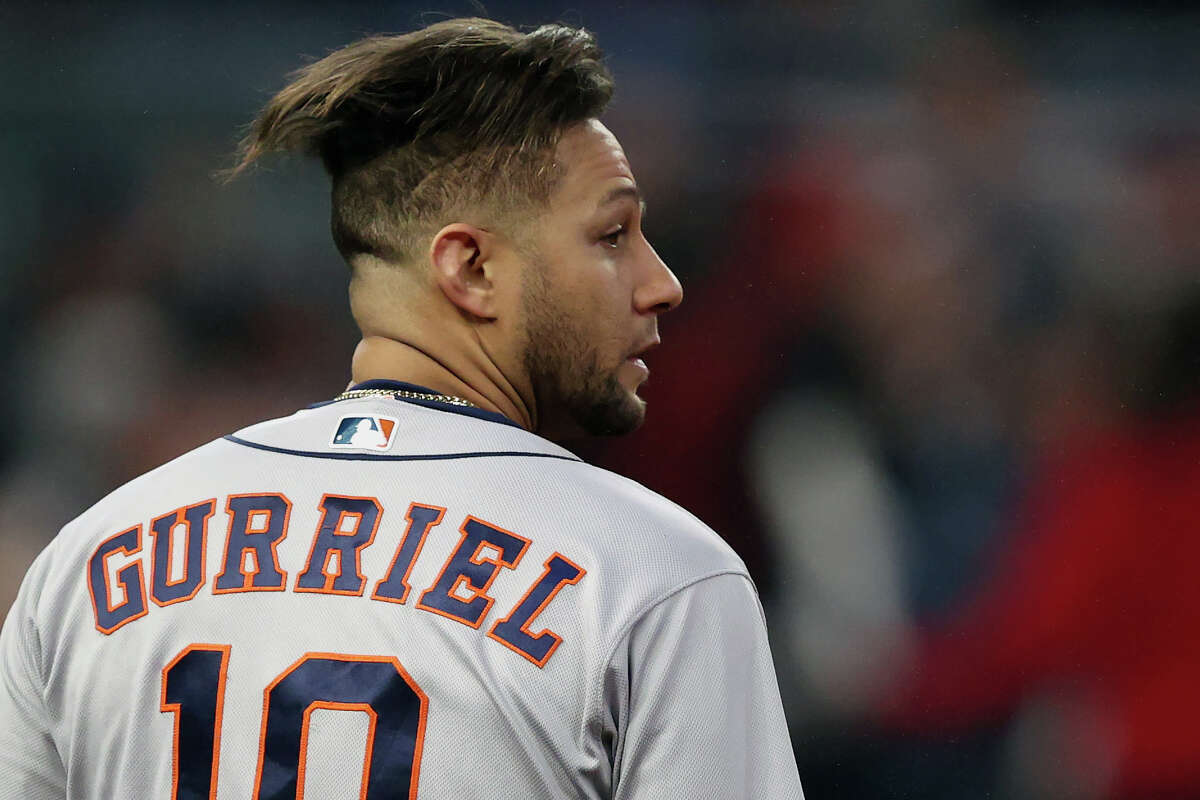 Yuli Gurriel #10 of the Houston Astros looks on against the Atlanta Braves during the seventh inning in Game Three of the World Series at Truist Park on October 29, 2021 in Atlanta, Georgia.