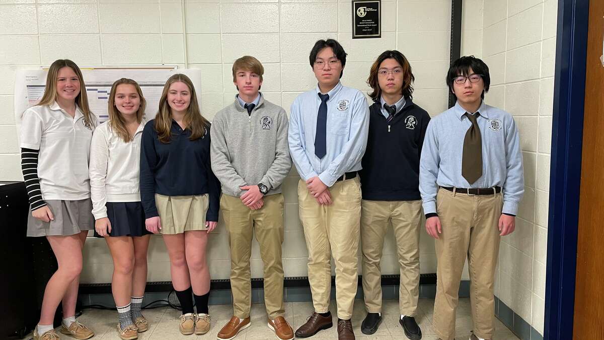Immaculate High School's “Brave Engineers” squad won the Real World Design Challenge at the state level “Connecticut Governor’s Challenge” and will compete in the RWDC National/International Competition on April 22. From left are team members Ava Viola, Nicole Radliff, Hayley Curry, Collin Lowthert, Junyi (Luka) Lu, Yipeng (Simon) Zhao, and Guanlin (Bruce) Lu.