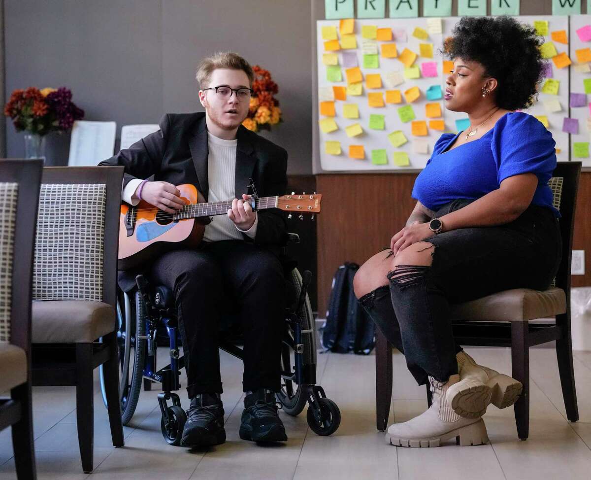 Jonah Barrow, 18, rehearses with Ty Walcott, TIRR MH Music Therapist, at TIRR Memorial Hermann TMC, on Saturday, Feb. 4, 2023 in Houston, as they prepared for the upcoming Reelabilities film and arts festival. Music therapy and physical therapy at TIRR Memorial Hermann helped Barrow recover after a suicide attempt left him partially paralyzed last fall.