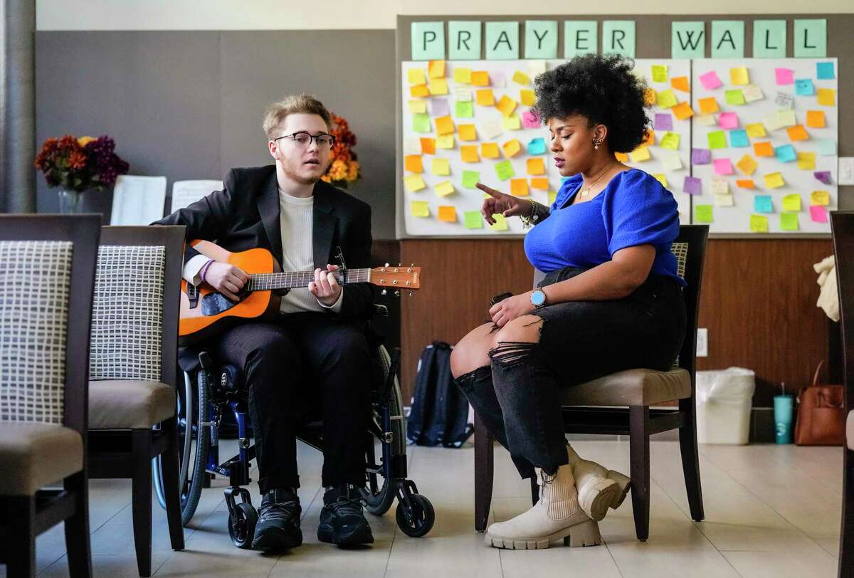 Jonah Barrow, 18, rehearses with Ty Walcott, TIRR MH Music Therapist, at TIRR Memorial Hermann TMC, on Saturday, Feb. 4, 2023 in Houston, as they prepared for the upcoming Reelabilities film and arts festival. Music therapy and physical therapy at TIRR Memorial Hermann helped Barrow recover after a suicide attempt left him partially paralyzed last fall.