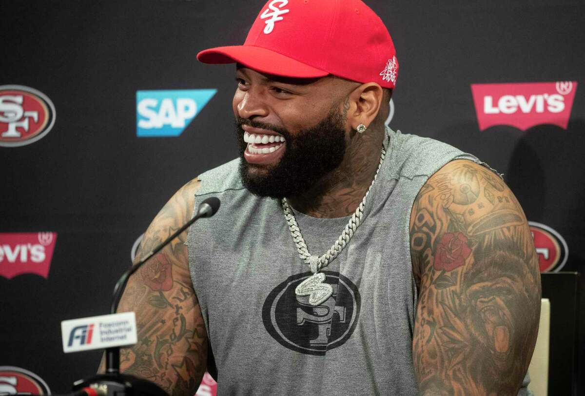 San Francisco 49ers offensive tackle Trent Williams answers questions on the first day of training camp, July 27, 2021, at Levi's Stadium in Santa Clara, California. (Karl Mondon/Bay Area News Group/TNS)