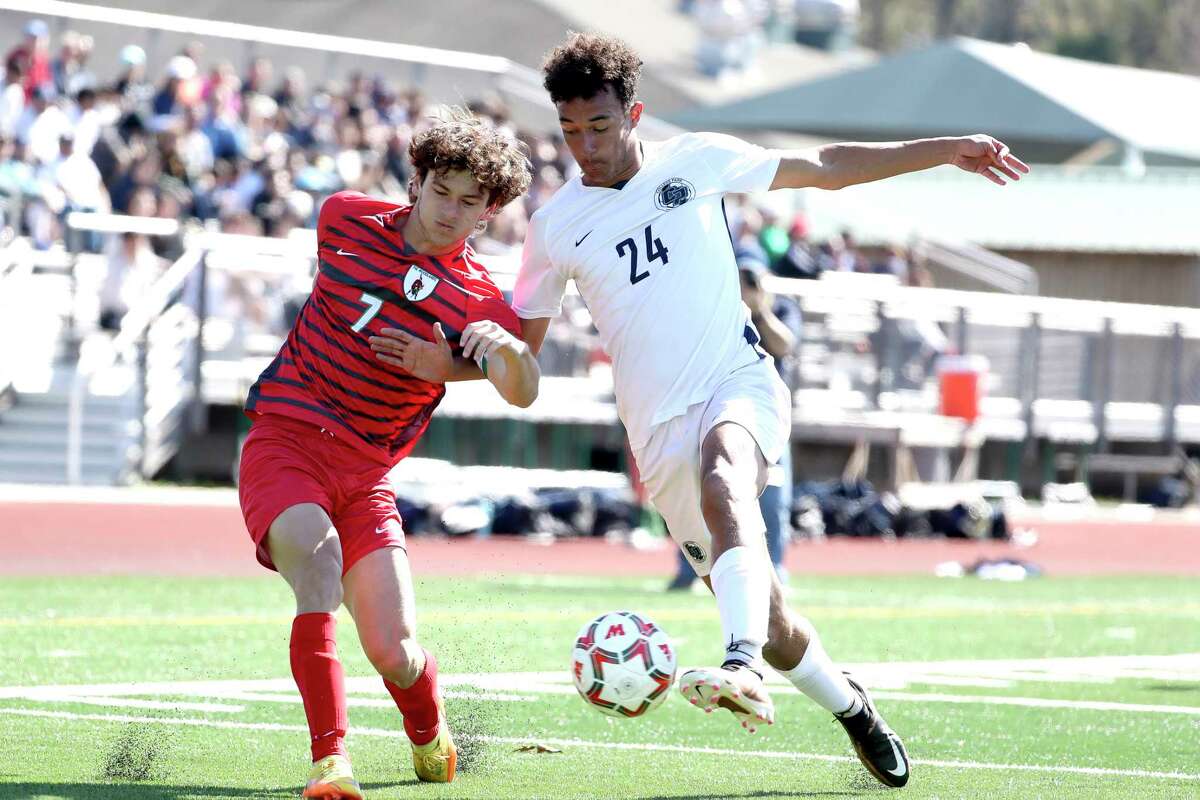 College Park's Issac Guillory (24) deflects a shot by The Woodlands' Reinaldo Perera during a District 13-6A high school soccer match at The Woodlands High School, Saturday, Feb. 4, 2023, in The Woodlands.