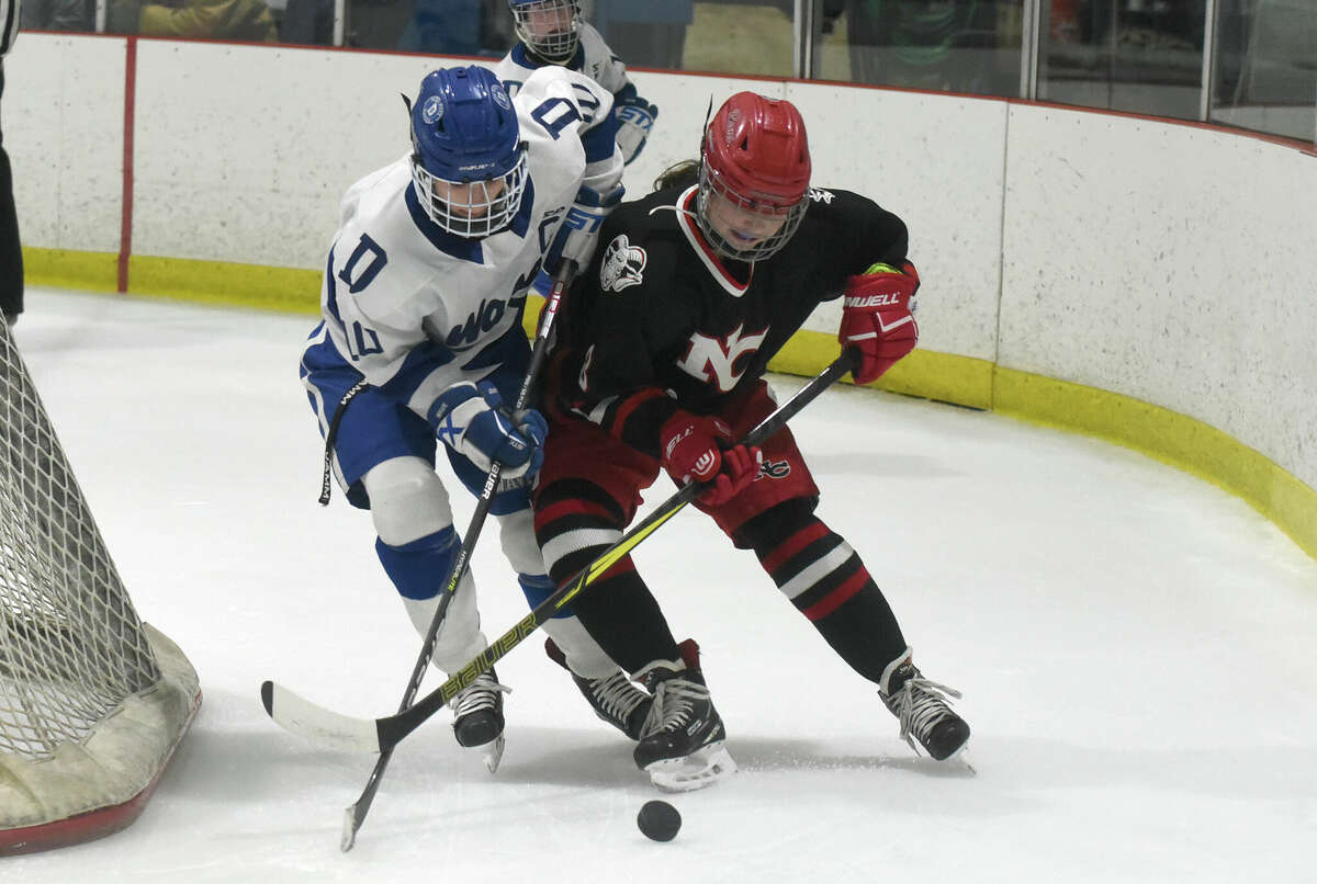 Darien's Kelsey Brown (10) and New Canaan's Reese Quinn (8) battle behind the net during a gialrs ice hockey game at the Darien Ice House on Saturday, Feb. 4, 2023.