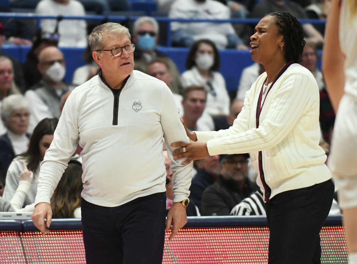 UConn head coach Geno Auriemma, left, is held back by assistant coach Jamelle Elliott after being call for a technical foul in No. 1 South Carolina's 81-77 win over No. 5 UConn in the NCAA women's basketball game at the XL Center in Hartford, Conn. Sunday, Feb. 5, 2023.