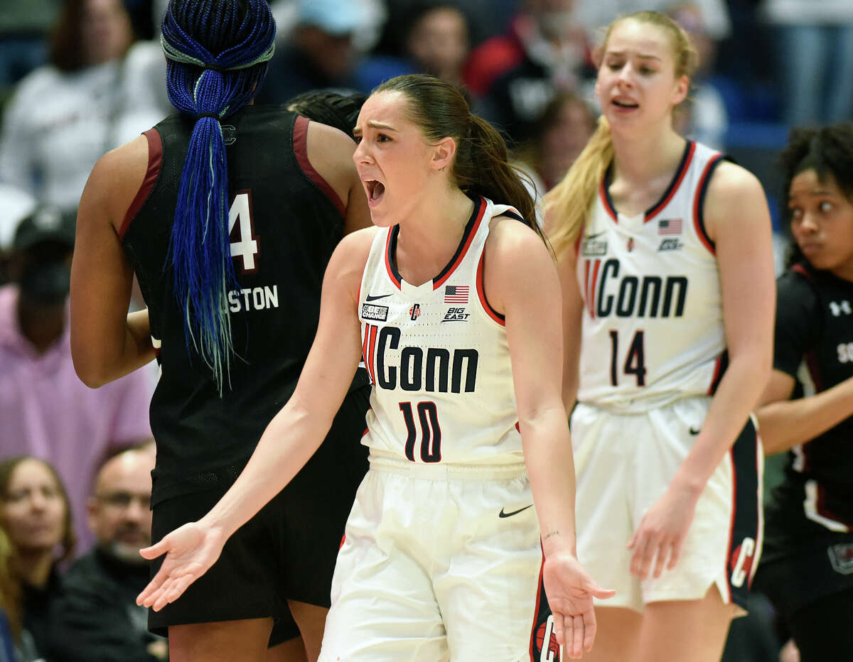 UConn guard Nika Muhl (10) reacts to a foul call late in the game during No. 1 South Carolina's 81-77 win over No. 5 UConn in the NCAA women's basketball game at the XL Center in Hartford, Conn. Sunday, Feb. 5, 2023.
