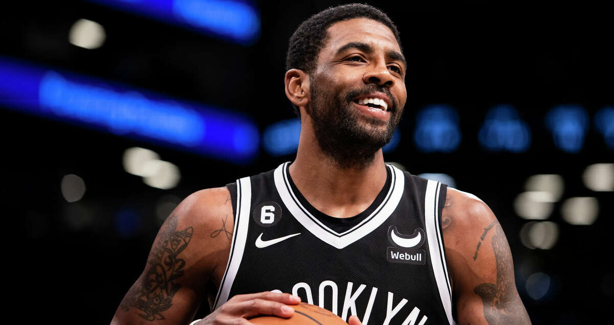 Kyrie Irving smiles as the Brooklyn Nets hosted the Los Angeles Lakers, at Barclays Center in New York on Jan. 30, 2023. Irving, who will be a free agent this summer, has asked the Nets to trade him before the NBAÃs trading deadline on Feb. 9. (Michelle Farsi/The New York Times)