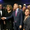 U.S. House Minority Leader Hakeem Jeffries, D-NY, center, appeared at a gala in honor of former CT state Treasurer Shawn Wooden on Friday, Feb. 3, 2023 in Hartford. Wooden and Jeffries are friends from law school. 