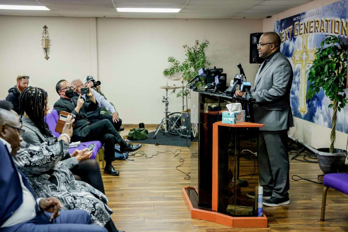 Oakland Police Chief LeRonne Armstrong speaks to members of the media and supporters at Acts Full Gospel Church in Oakland.