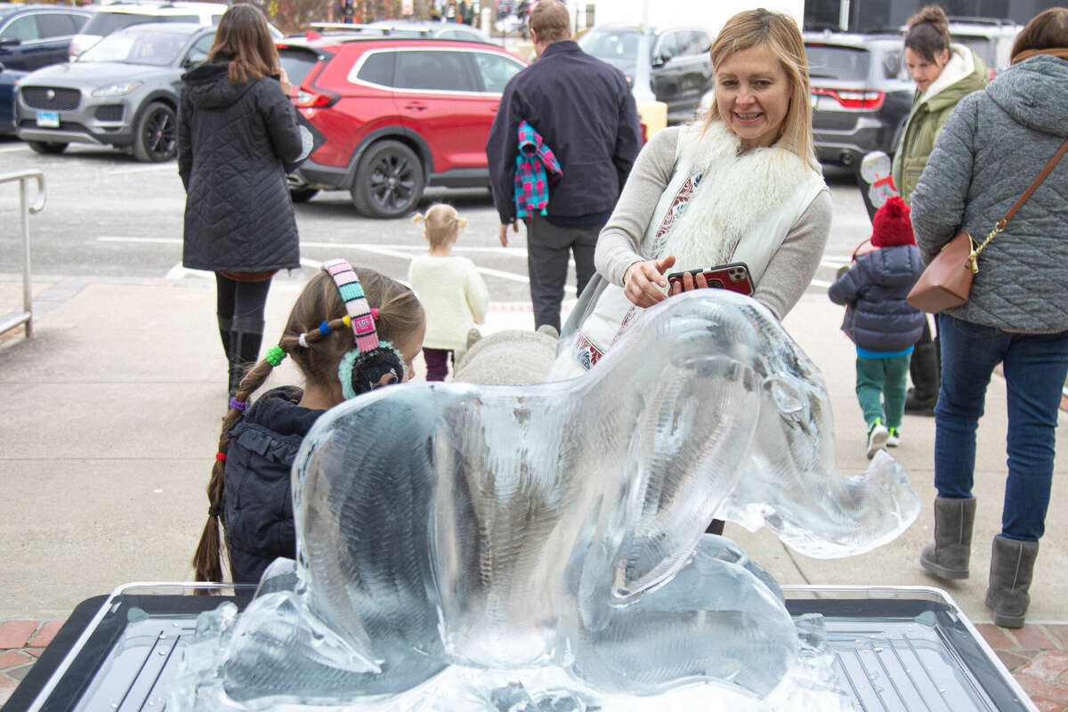 Olga Lazareva of Wilton gets a picture of her daughter, Amelia Nesterov, 7, in front of the elephant ice sculpture on display Sunday at the Wilton Library during the town's Winter Carnival on Sunday, Feb. 5, 2023. 