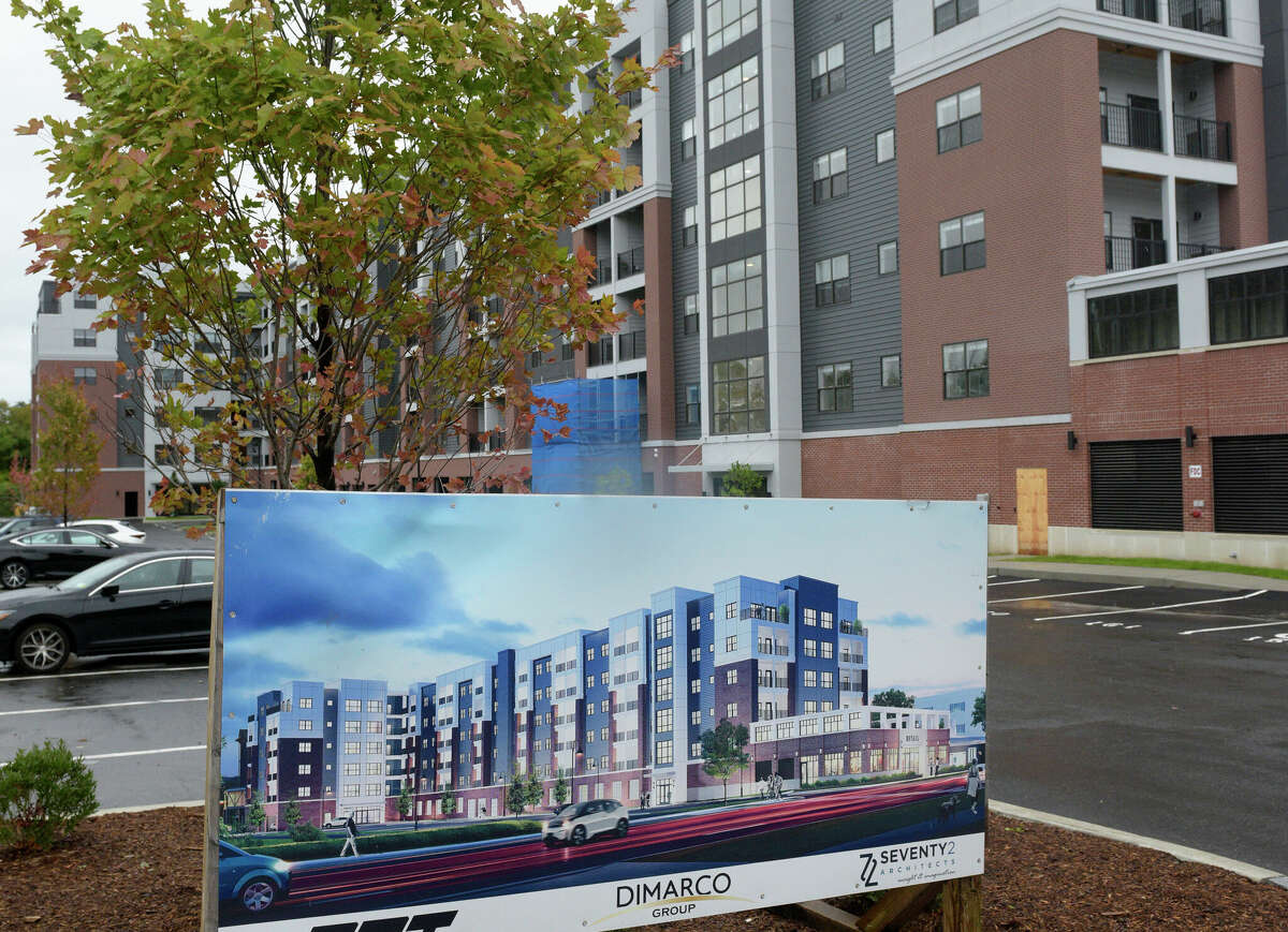 A rendering of the second phase of the Brookview Commons apartments under construction in the background, with nearly 150 units coming to 333 Main St. in Danbury. Connecticut ranked in the top 10 states in the nation for larger apartment buildings as a total of all new housing units approved for permits in 2022.