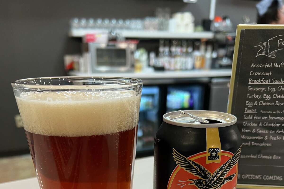 A glass of Austin Amber ale at the Nowhere Bookshop cafe.