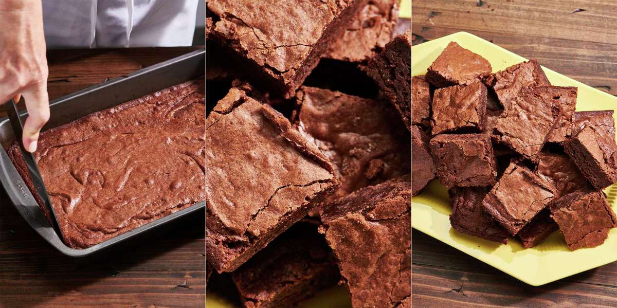 This combination of photos taken in New York in 2020 show a recipe for One-Pot Fudgy Brownies. (Cheyenne Cohen via AP)