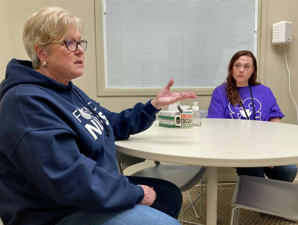 Head nurse Tracy Moody (left) and Cove's associate director Amanda Nasor discuss issues facing sexual assault survivors. The Sane Unit at Cove is the only place where victims in Manistee County can obtain a medical-forensic examination. The program also serves Mason, Lake and Oceana counties. 