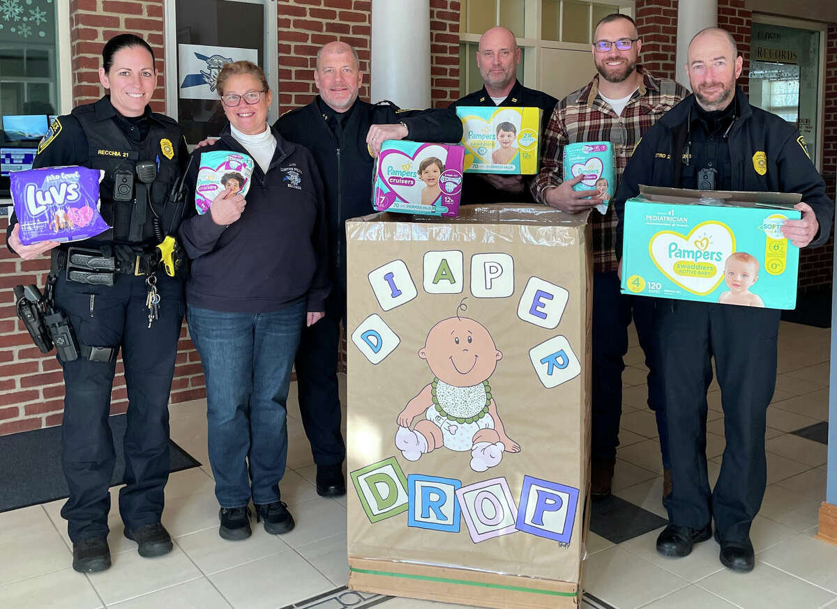 Pictured near the Bare Necessities Law Enforcement Diaper Drive drop-off box in the Clinton Police Department are, left to right, Officer Kate Recchia, Records Clerk Pam Ferrier, Chief Vincent DiMaio, Capt. Scott Jakober, Cpl. John Harkins and Capt. James DePietro.