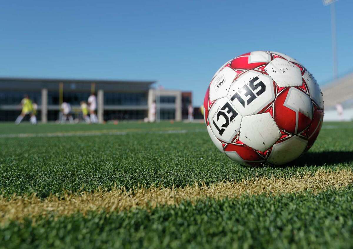 A soccer ball is seen before a Region II-6A bi-district high school soccer match at Woodforest Bank Stadium, Thursday, March 24, 2022, in Shenandoah.
