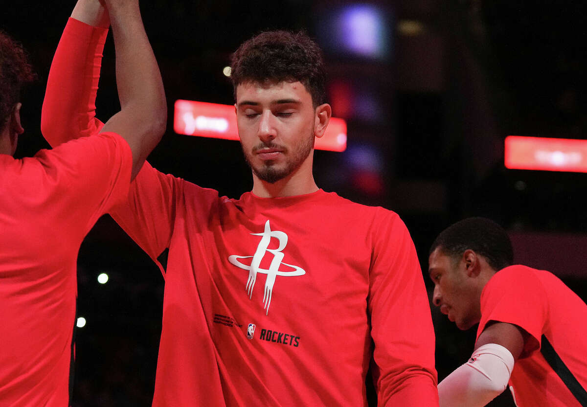 Houston Rockets center Alperen Sengun (28) is introduced as a starter before they take on San Antonio Spurs at the Toyota Center on Monday, Dec. 19, 2022 in Houston.