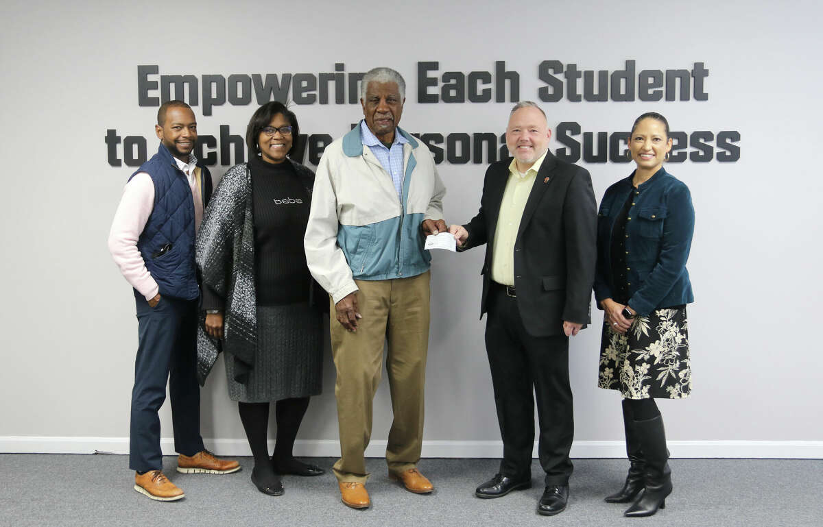 Left to right, Dustin Jumper (LSAF Vice President), Physhawne Donald (LSAF Board Member), Herman Shaw (LSAF President), Dr. Patrick Shelton (District 7 Superintendent) and Dr. Cornelia Smith (District 7 Director of DEI and Elementary Education).