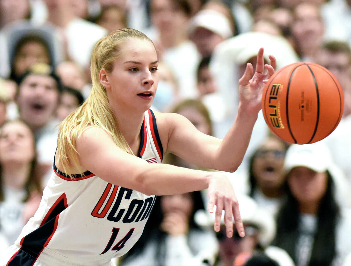 UConn forward Dorka Juhász (14) plays in No. 1 South Carolina's 81-77 win over No. 5 UConn in the NCAA women's basketball game at the XL Center in Hartford, Conn. Sunday, Feb. 5, 2023.