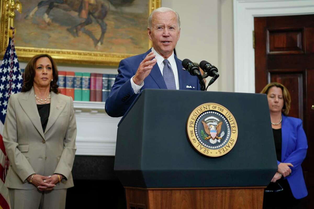 President Joe Biden speaks about abortion access at the White House on July 8, 2022, in Washington. Vice President Kamala Harris, left, and Deputy Attorney General Lisa Monaco look on.
