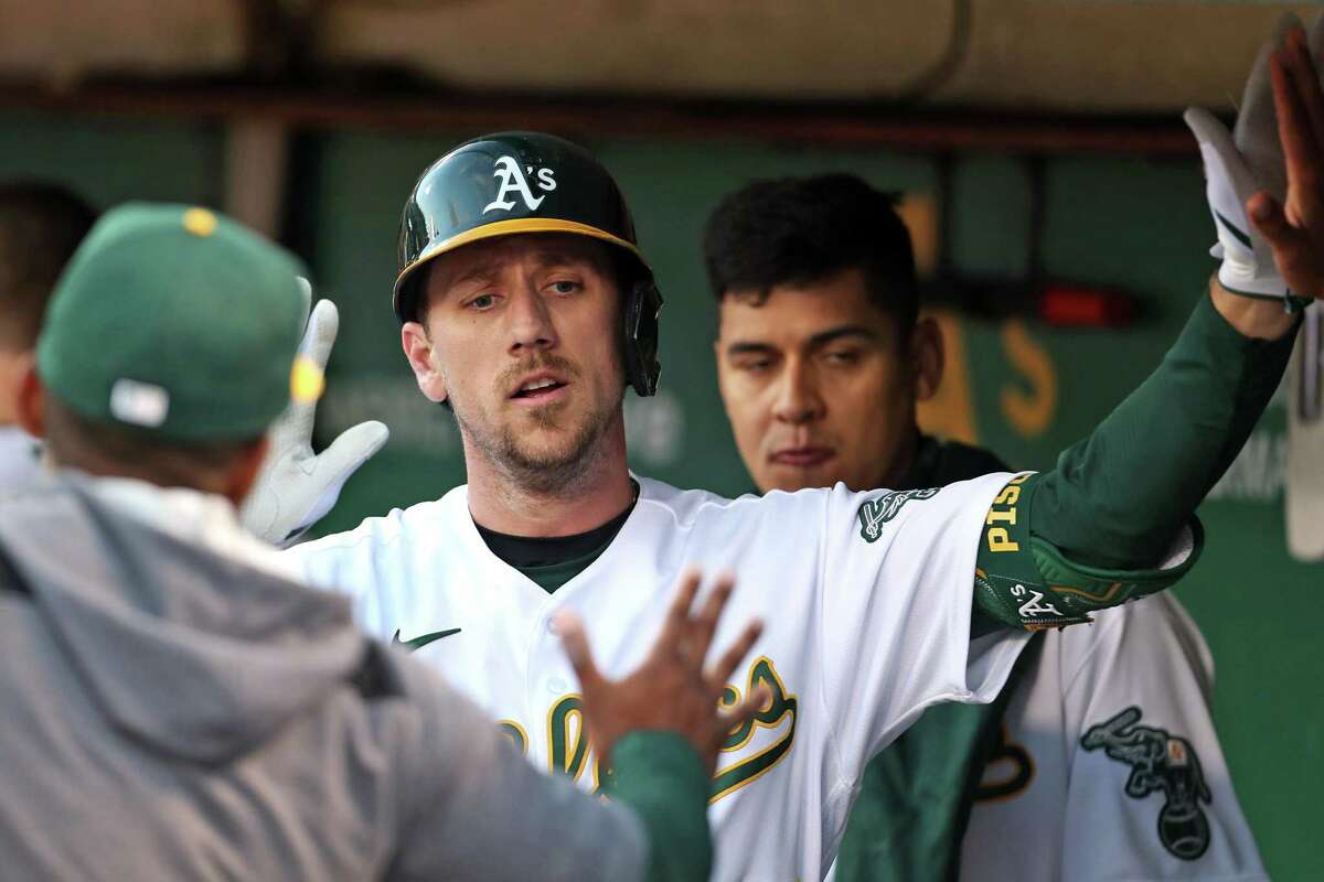 Oakland Athletics’ Stephen Piscotty celebrates his 5th inning solo home run against Toronto Blue Jays during MLB game at Oakland Coliseum in Oakland, Calif., on Tuesday, July 5, 2022.