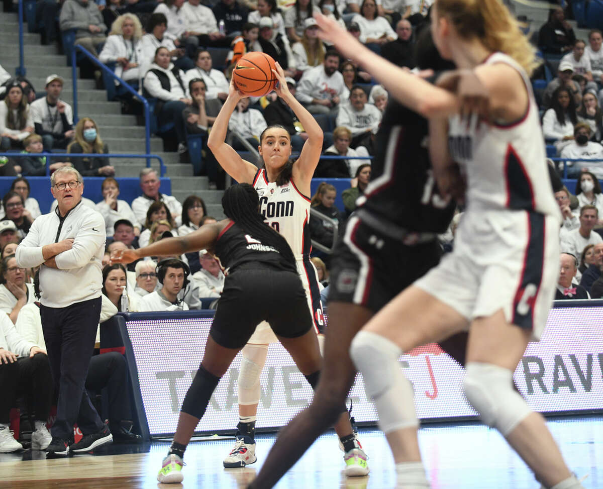 UConn guard Nika Muhl looks to pass in No. 1 South Carolina's 81-77 win over No. 5 UConn in the NCAA women's basketball game at the XL Center in Hartford, Conn. Sunday, Feb. 5, 2023.