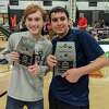 Harvey RoboCavs Blake Friedman of Cos Cob and his teammate Ben Zilberstein show their joy at winning the robotics tournament and receiving the prestigious Excellence Award.