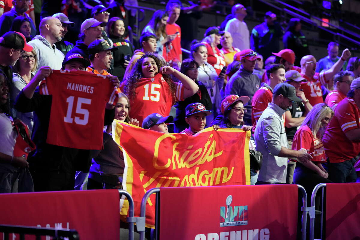 Fans celebrate during Super Bowl Opening Night at The Footprint on Feb. 6, 2023 in Phoenix, Ariz.