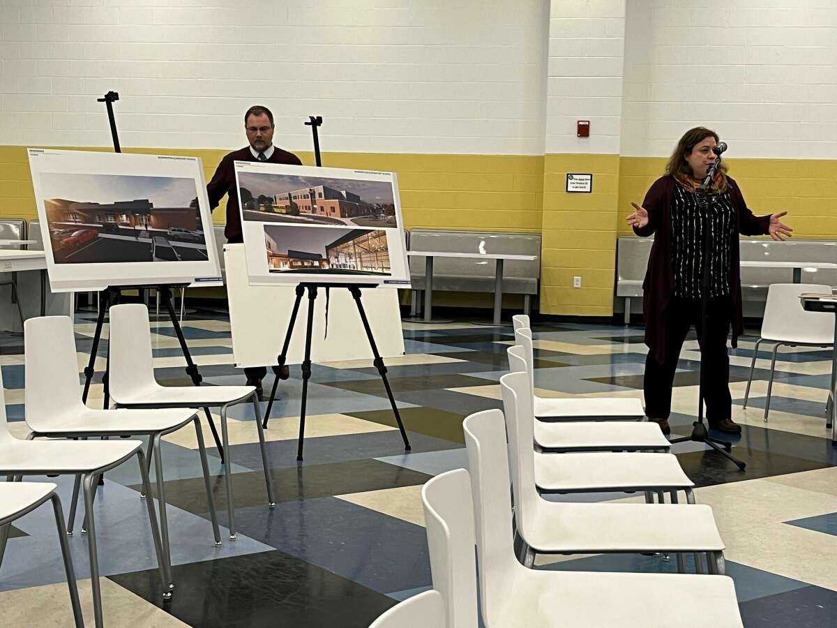 Architects from Antinozzi Associates present visualizations of a planned Washington School building at a Feb. 6, 2023, West Haven Board of Education meeting