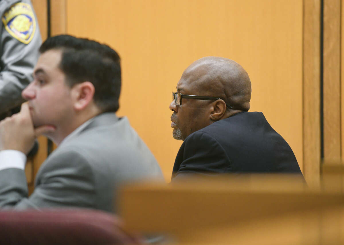Robert Simmons, 54, appears on trial for the alleged murder of 93-year-old Isabella Mehner at Connecticut Superior Court in Stamford, Conn. Tuesday, Feb. 7, 2023. Simmons is charged with murdering Mehner and stealing her wedding and engagement rings from her Stamford South End home on Sept. 25, 2019.