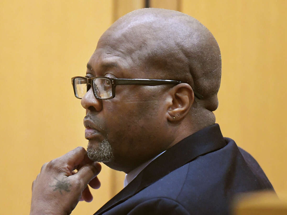 Robert Simmons, 54, appears on trial for the alleged murder of 93-year-old Isabella Mehner at Connecticut Superior Court in Stamford, Conn. Tuesday, Feb. 7, 2023. Simmons was found guilty of murdering Mehner and stealing her wedding and engagement rings from her Stamford South End home on Sept. 25, 2019.