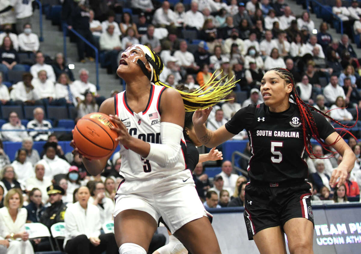 UConn forward Aaliyah Edwards (3) plays in No. 1 South Carolina's 81-77 win over No. 5 UConn in the NCAA women's basketball game at the XL Center in Hartford, Conn. Sunday, Feb. 5, 2023.