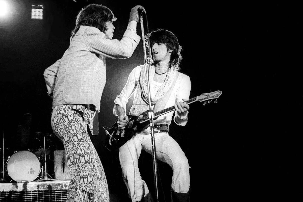 Rolling Stones members Mick Jagger and Keith Richards perform at the Cow Palace on July 15, 1975.