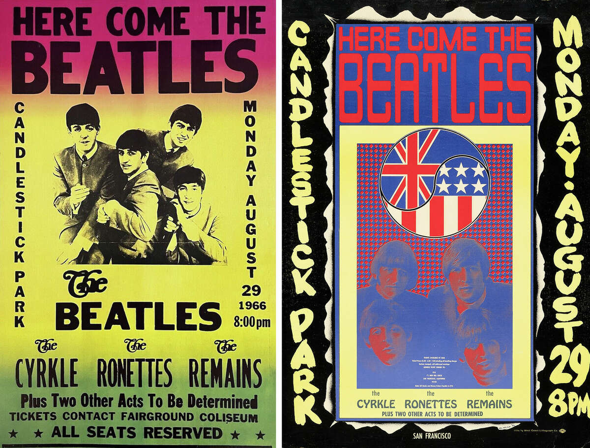 Side-by-side photos of an oft-faked concert poster: the Beatles' 1966 show at Candlestick Park. The poster on the right is the real one.