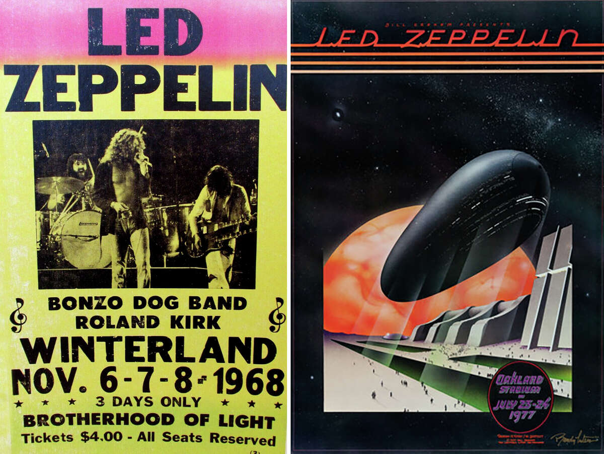 Side-by-side photos of a fake Led Zeppelin concert poster that never happened, left, next to a real one for their 1977 concert at the Oakland Coliseum.