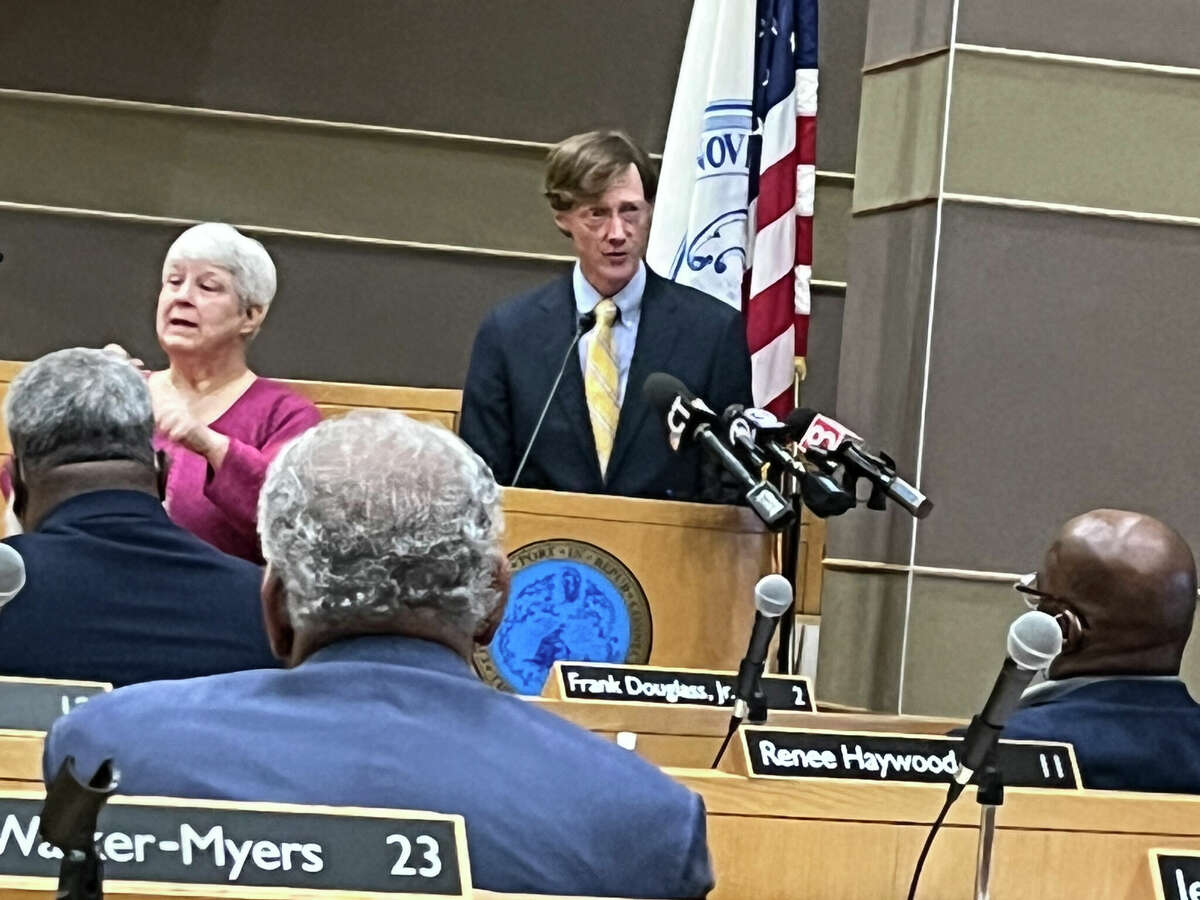 New Haven Mayor Justin Elicker delivers his fourth State of the City Address to the Board of Alders Monday,.