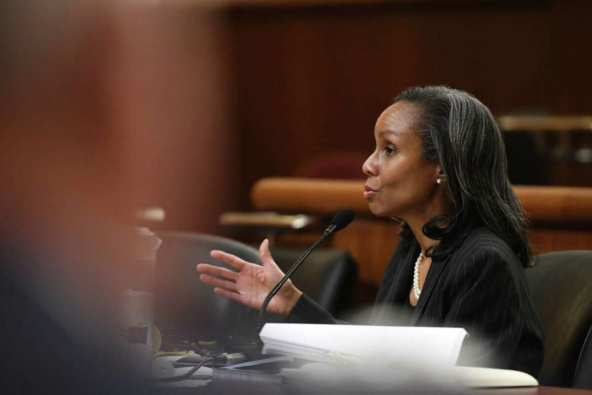 Acting Chief Administrative Judge Tamiko Amaker is questioned during a joint hearing on the public protection portion of the 2023 Executive Budget on Tuesday at the Legislative Office Building.