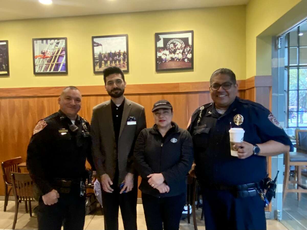 Efrain Ruiz, Andres Borjas, Jessica Rabago, and Jose Ugarte during the first Coffee with a TAMIU Cop event on Tuesday, Feb. 7, 2023.