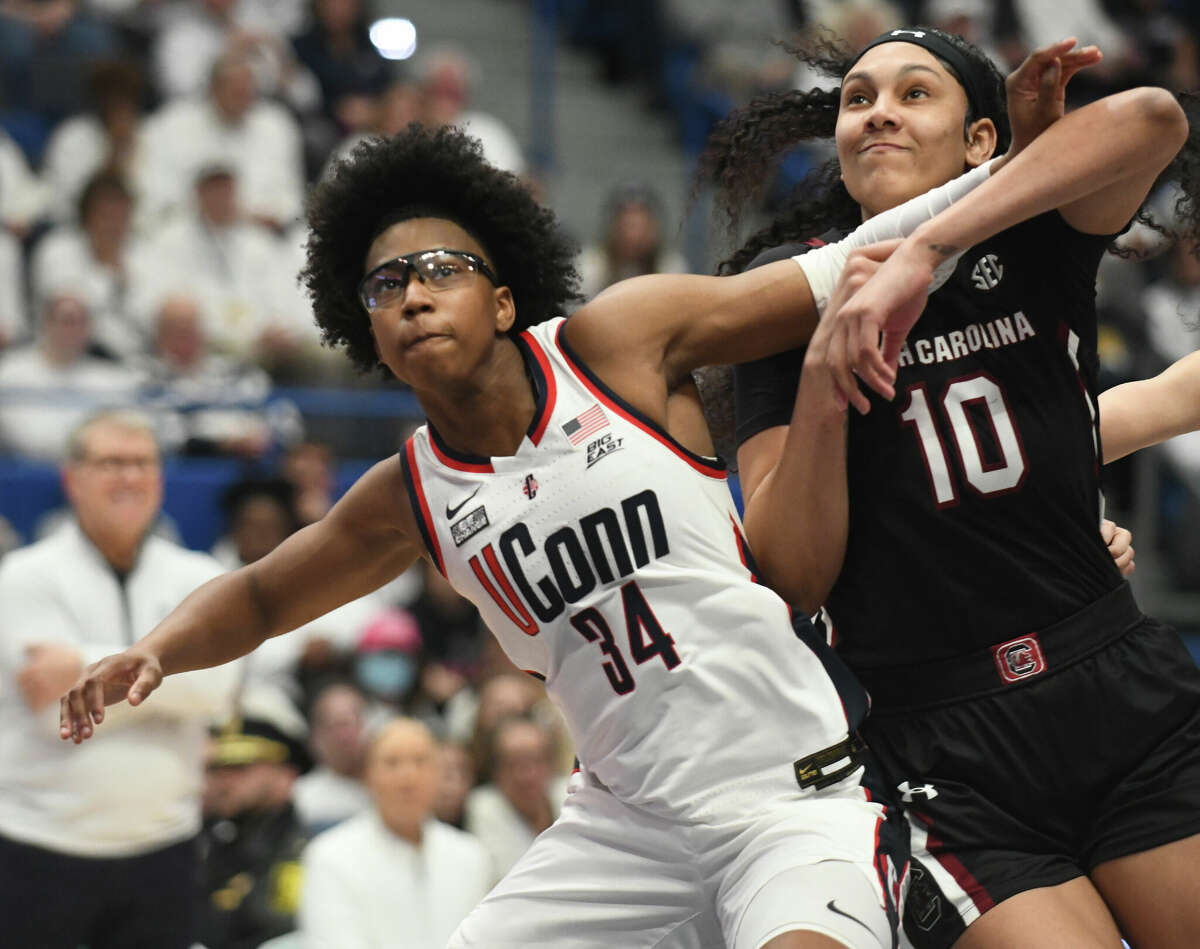 UConn forward Ayanna Patterson (34) plays in No. 1 South Carolina's 81-77 win over No. 5 UConn in the NCAA women's basketball game at the XL Center in Hartford, Conn. Sunday, Feb. 5, 2023.
