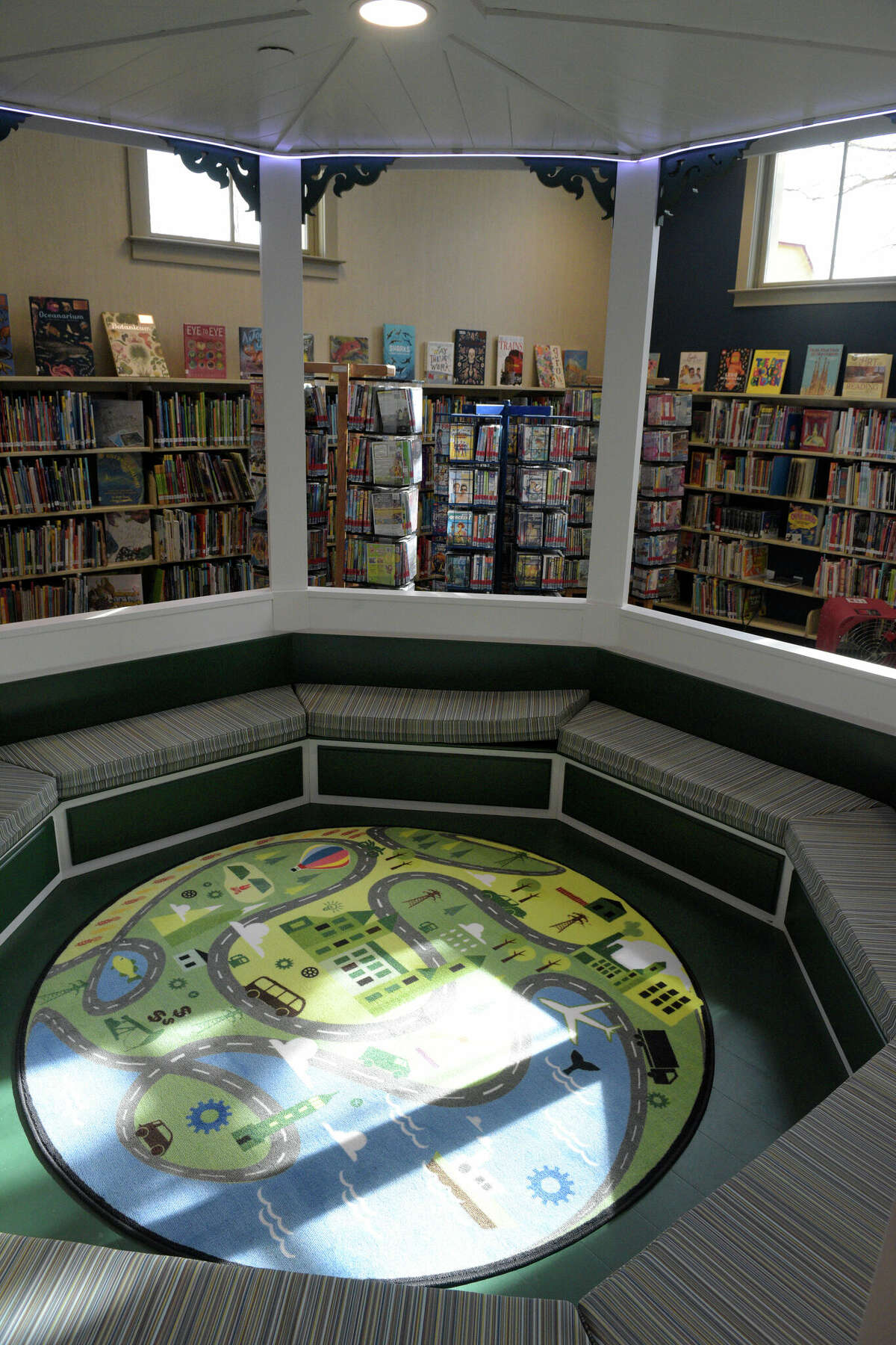 The inside of the gazebo located in the children's section in the newly renovated New Milford Public Library on Tuesday, February 7, 2023, in New Milford, Conn. A new patio can be seen outside.