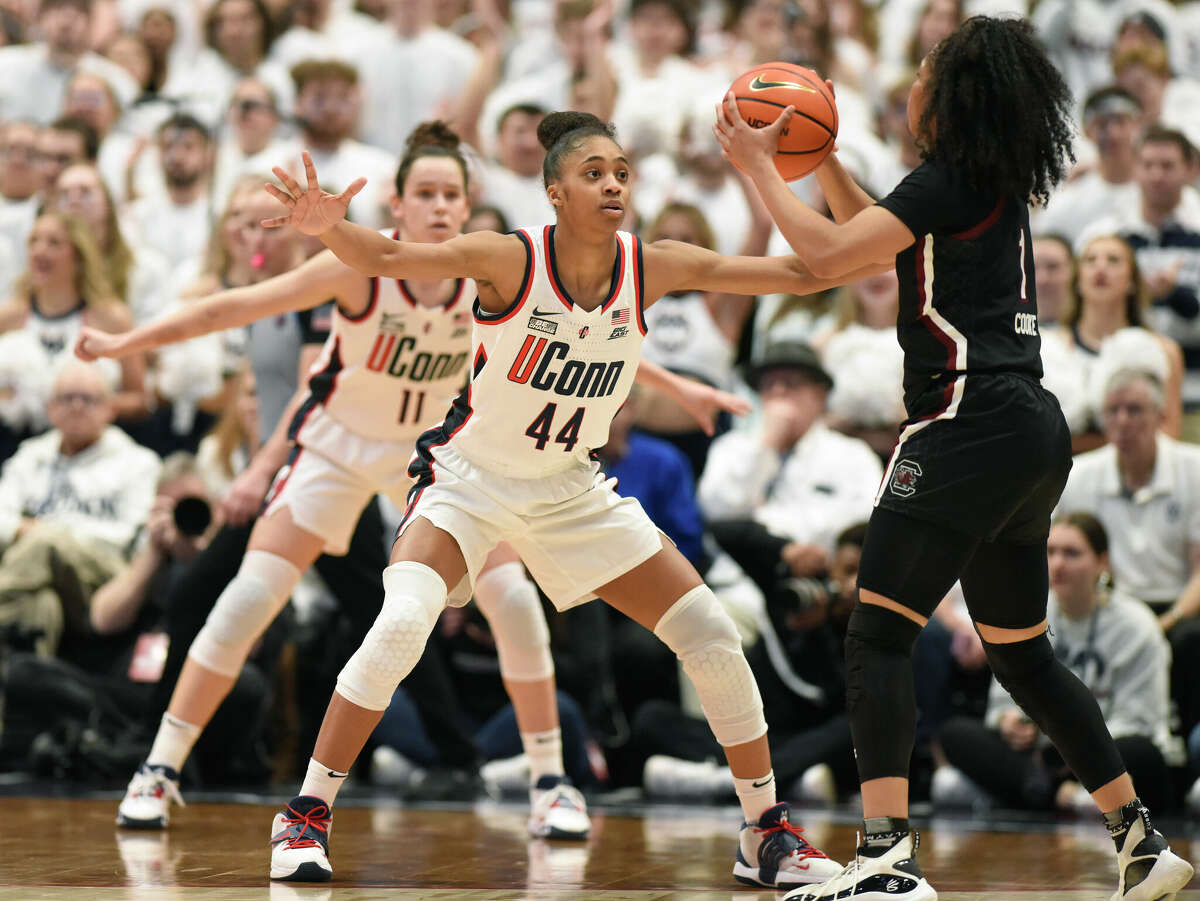 UConn forward Aubrey Griffin (44) plays in No. 1 South Carolina's 81-77 win over No. 5 UConn in the NCAA women's basketball game at the XL Center in Hartford, Conn. Sunday, Feb. 5, 2023.