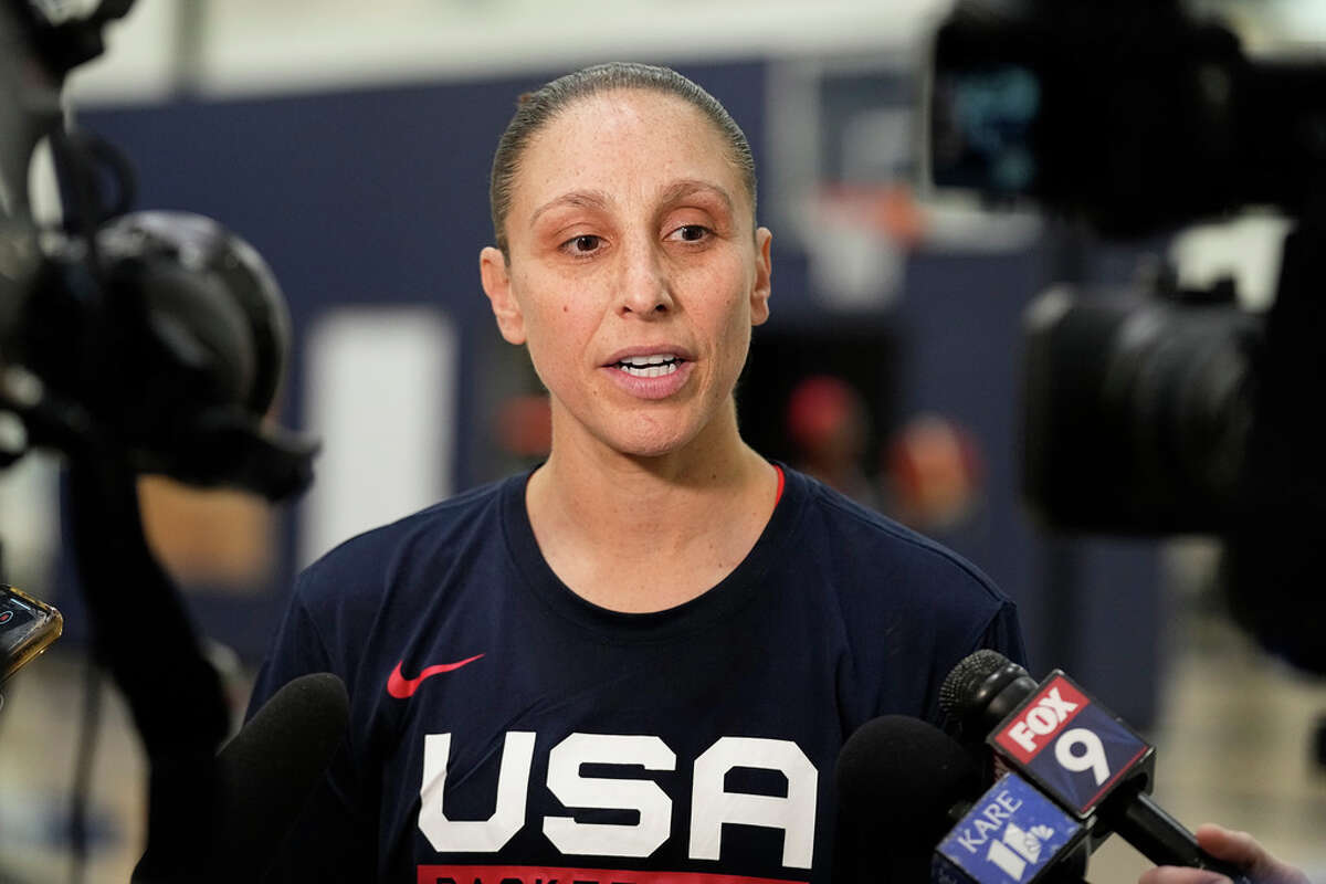 Diana Taurasi speaks to the media during a minicamp for the U.S women's national basketball team, Tuesday, Feb. 7, 2023, in Minneapolis. (AP Photo/Abbie Parr)